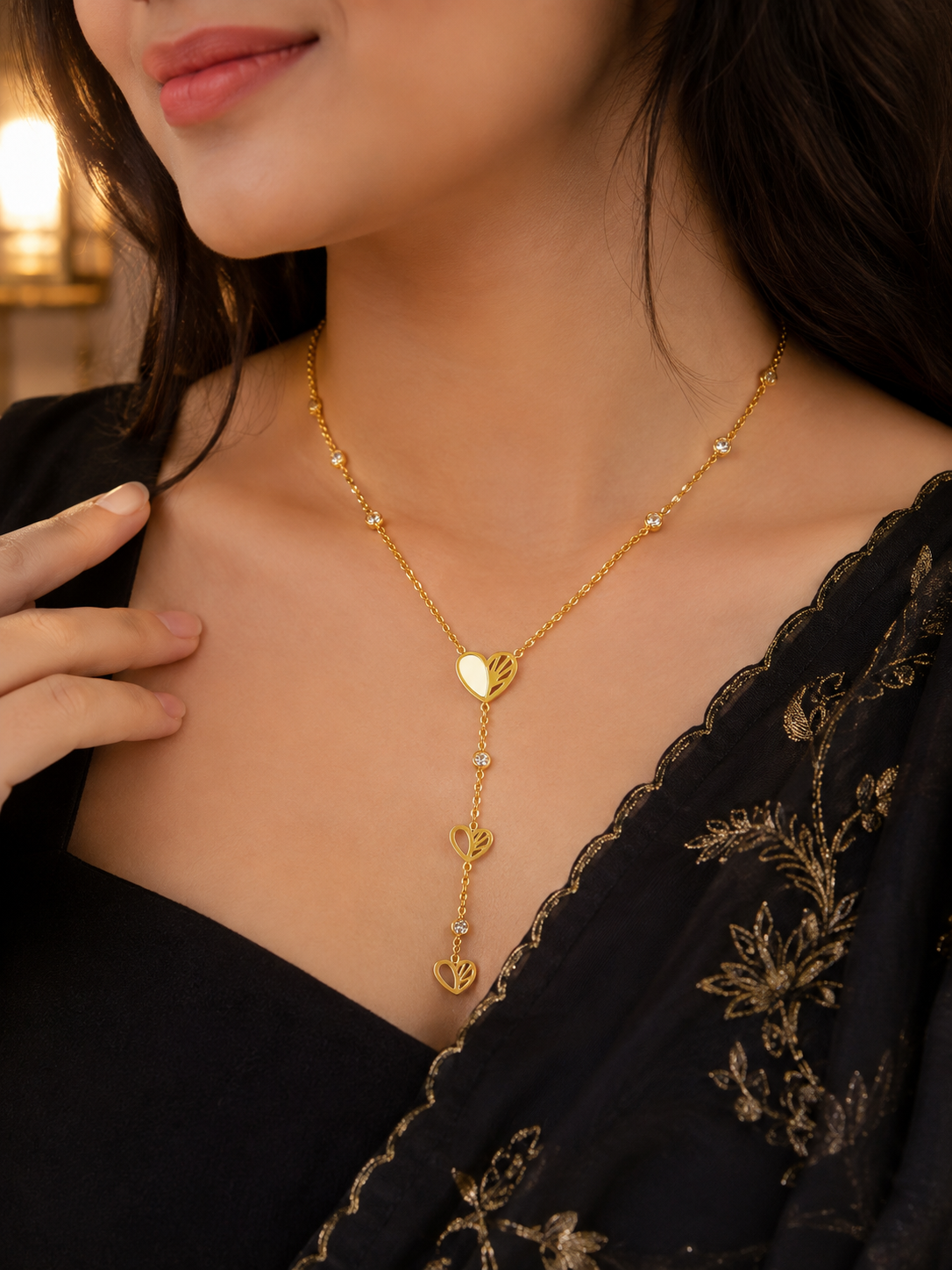 Elegant Stainless Steel Gold Heart Y Necklace for Women – Crystal Pendant Layered Fashion Jewelry