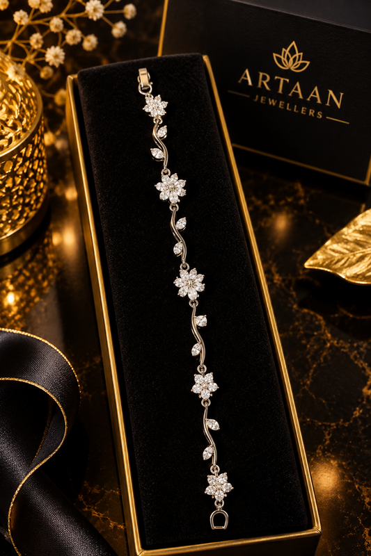 Elegant Silver Floral Crystal Bracelet