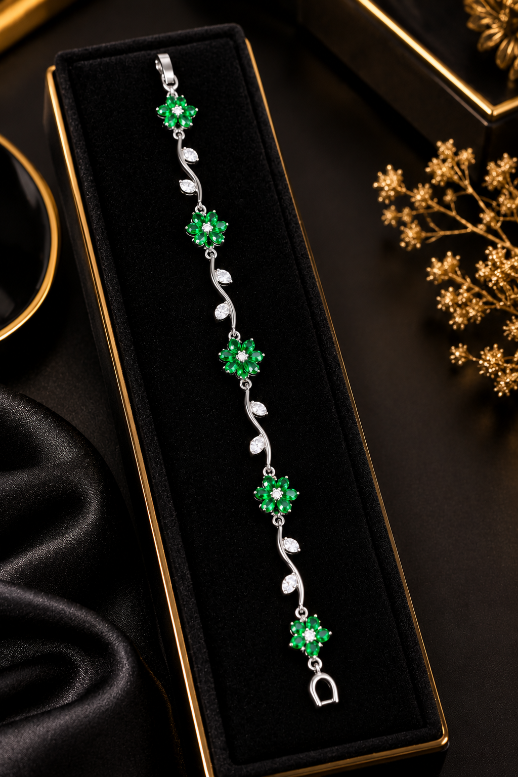 Elegant Stainless Steel Silver Green Floral Crystal Bracelet