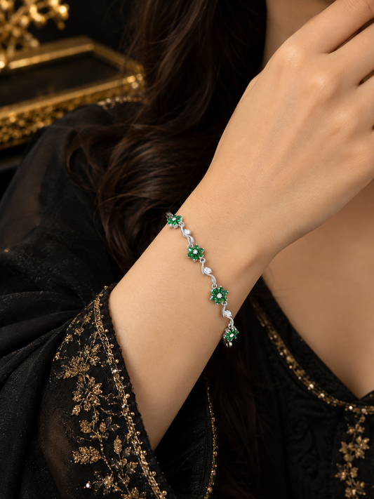Elegant Stainless Steel Silver Green Floral Crystal Bracelet