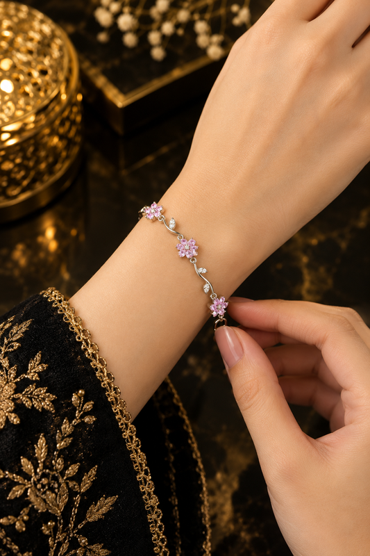 Elegant Stainless Steel Silver Pink Floral Crystal Bracelet