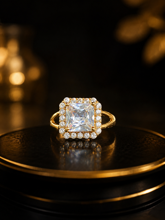 Elegant Square Crystal Halo Statement Ring