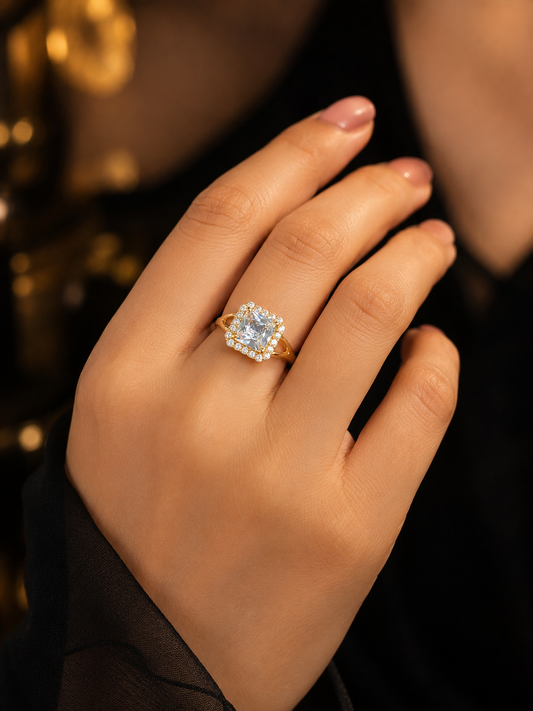 Elegant Square Crystal Halo Statement Ring