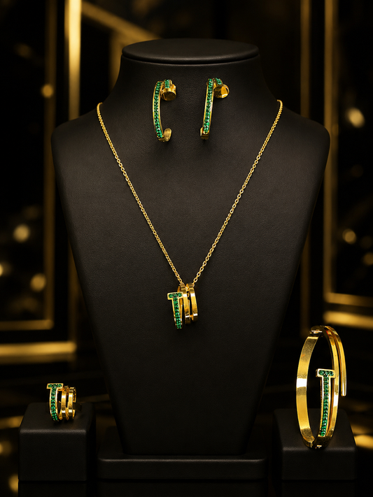 Elegant Stainless Steel Gold-Tone Green Jewelry Set