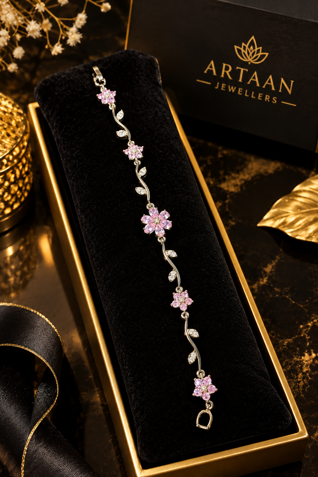 Elegant Stainless Steel Silver Pink Floral Crystal Bracelet