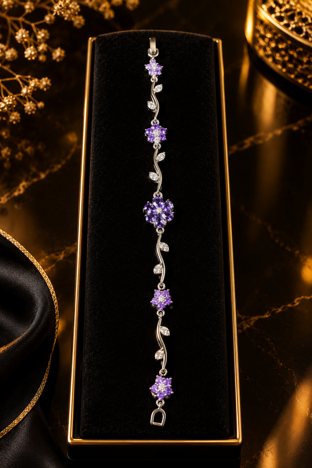 Elegant Stainless Steel Silver Purple Floral Crystal Bracelet