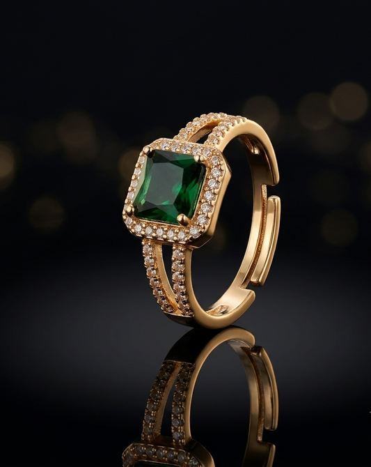 Emerald Green Square Halo Cocktail Ring for Women
