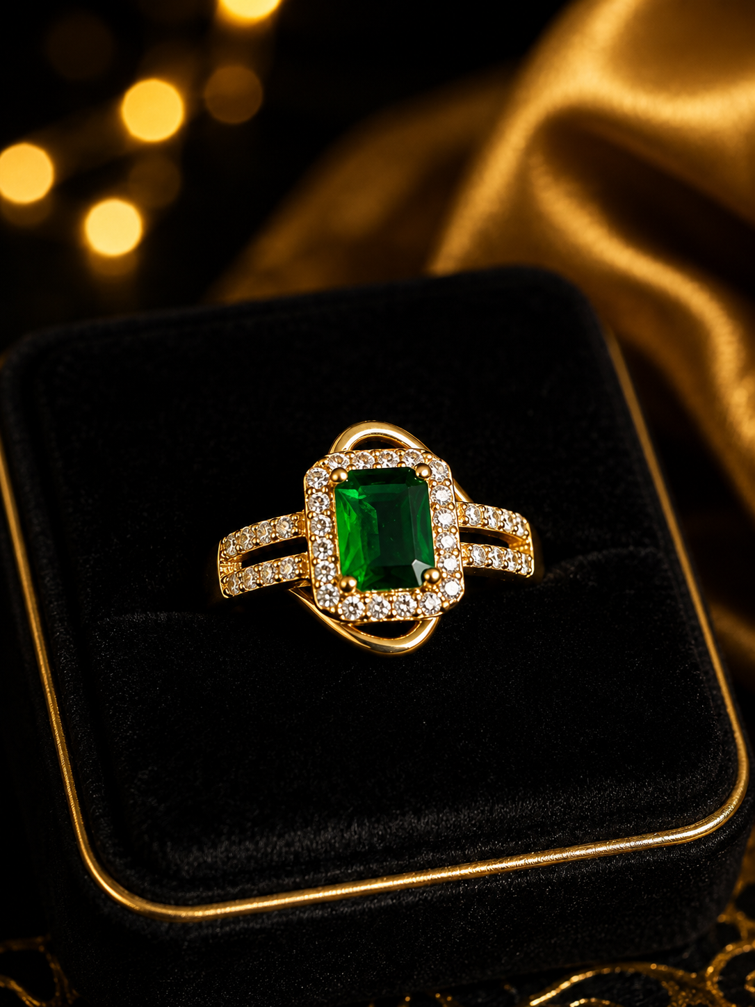 Emerald Green Stone Gold Ring for Women  Crystal Halo Statement Ring
