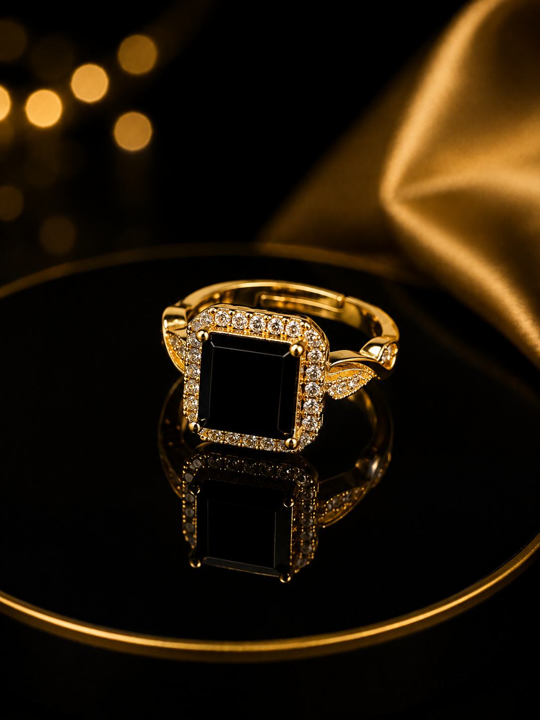 Gold Black Square Stone Ring for Women  Elegant Crystal Statement Ring