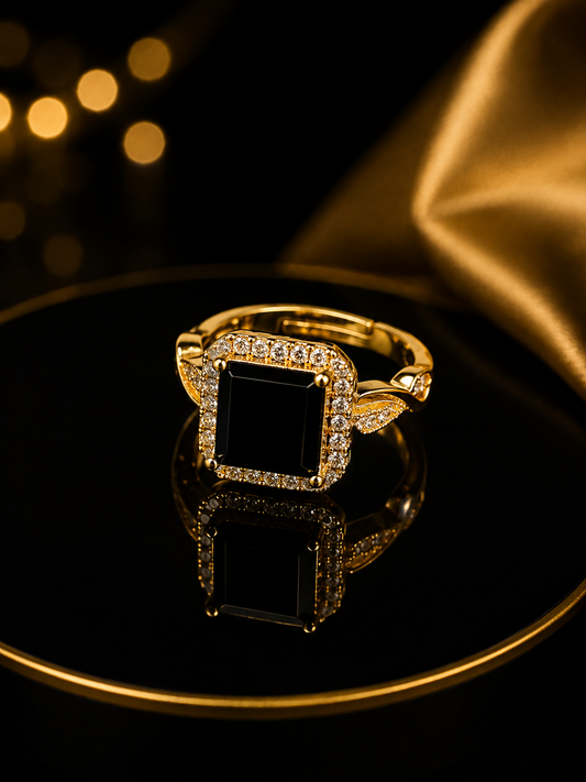 Gold Black Square Stone Ring for Women  Elegant Crystal Statement Ring