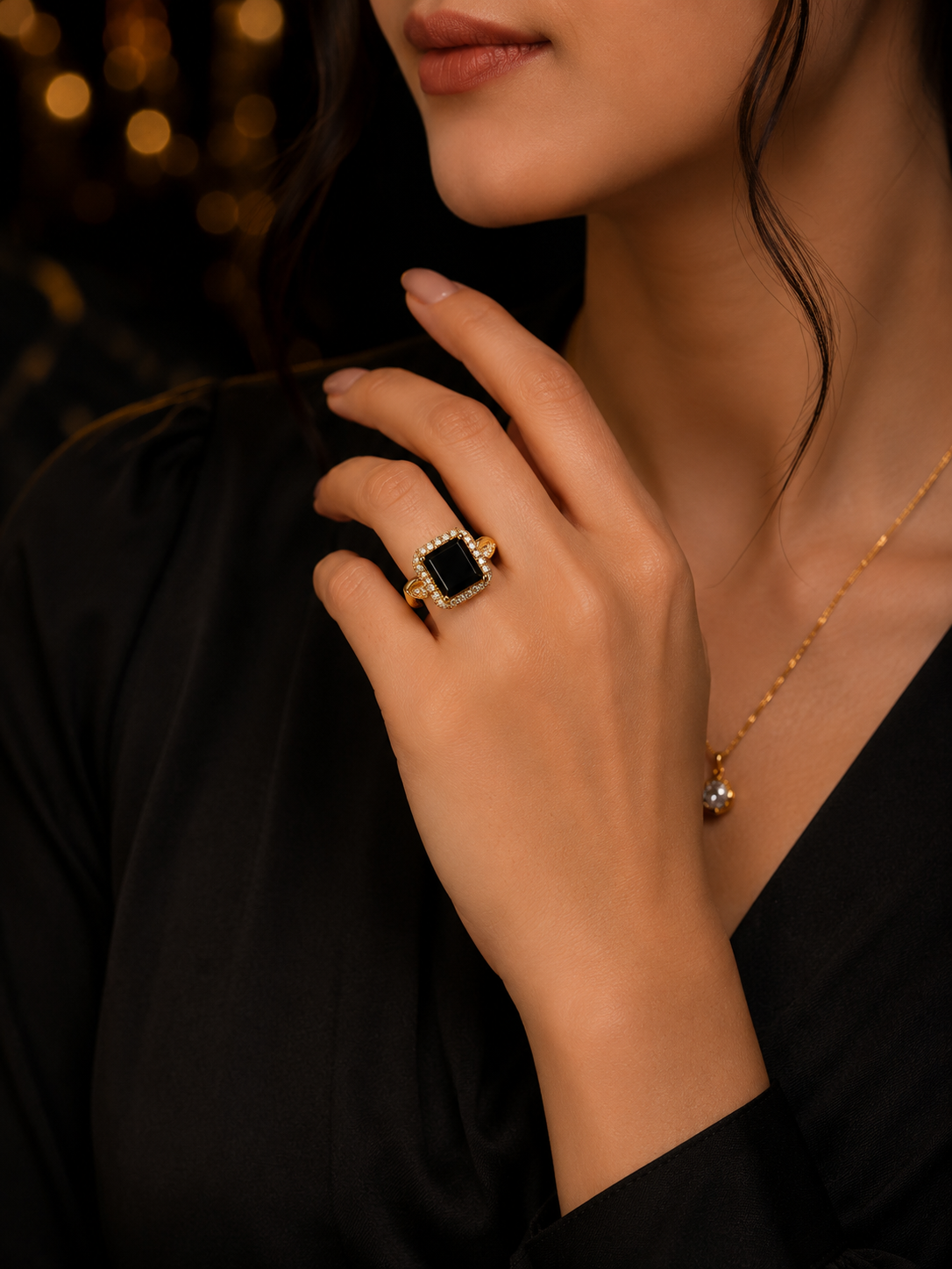 Gold Black Square Stone Ring for Women  Elegant Crystal Statement Ring
