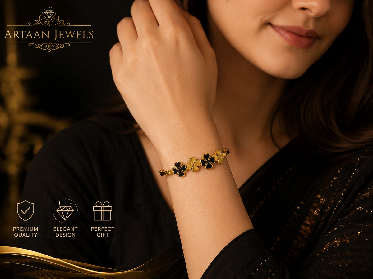 Stainless Steel Gold Clover Bracelet – Elegant Black & Gold Floral HandCuff