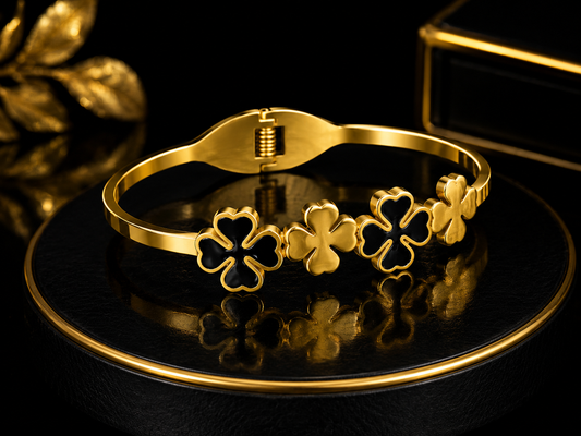 Stainless Steel Gold Clover Bracelet – Elegant Black & Gold Floral HandCuff