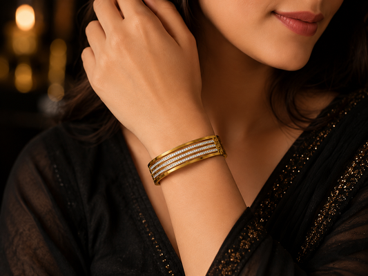 Stainless Steel Gold Crystal Cuff Bangle