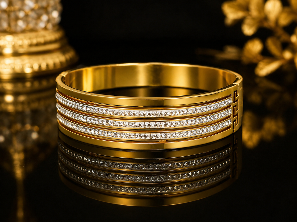Stainless Steel Gold Crystal Cuff Bangle
