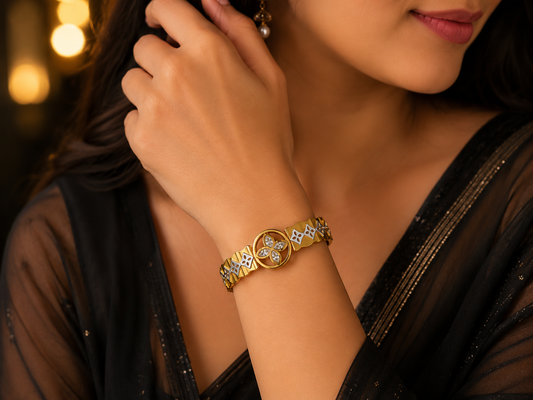 Stainless Steel Gold Floral Crystal Stone Bangle