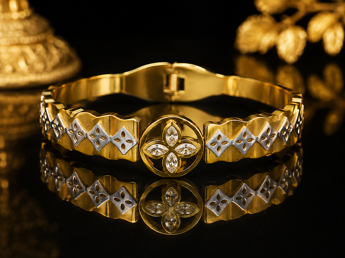 Stainless Steel Gold Floral Crystal Stone Bangle