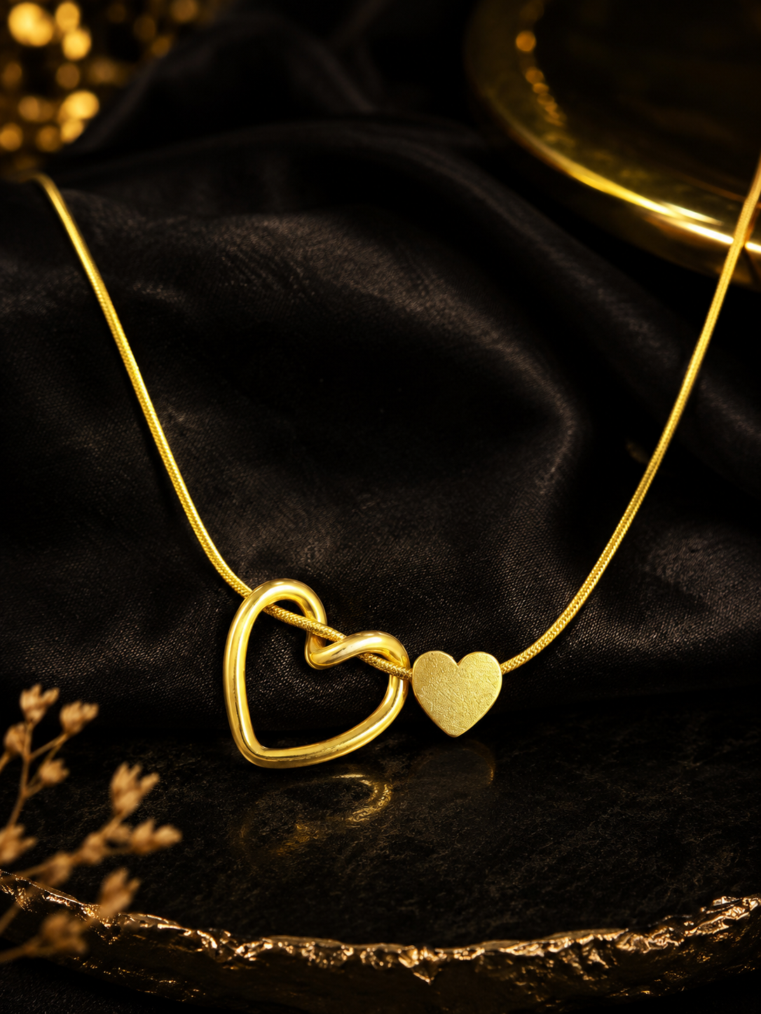 Gold Heart Stainless Steel Pendant Necklace for Women – Elegant Double Heart Chain Jewelry