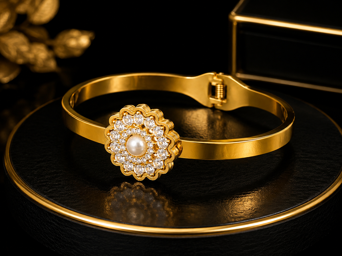 Stainless Steel Gold Pearl Flower Bangle with Crystal Stones