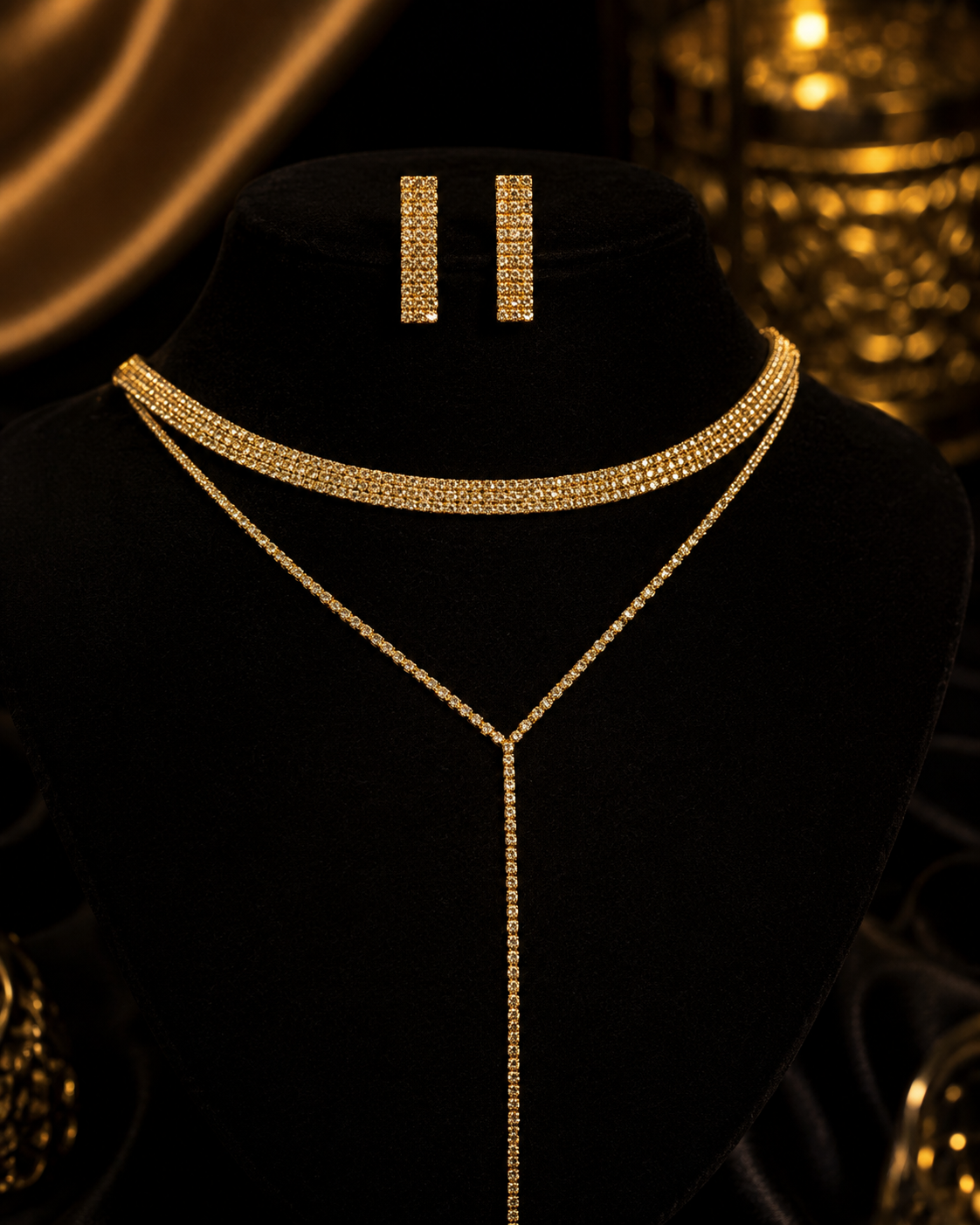 Rhinestone Layered Necklace & Earrings Set