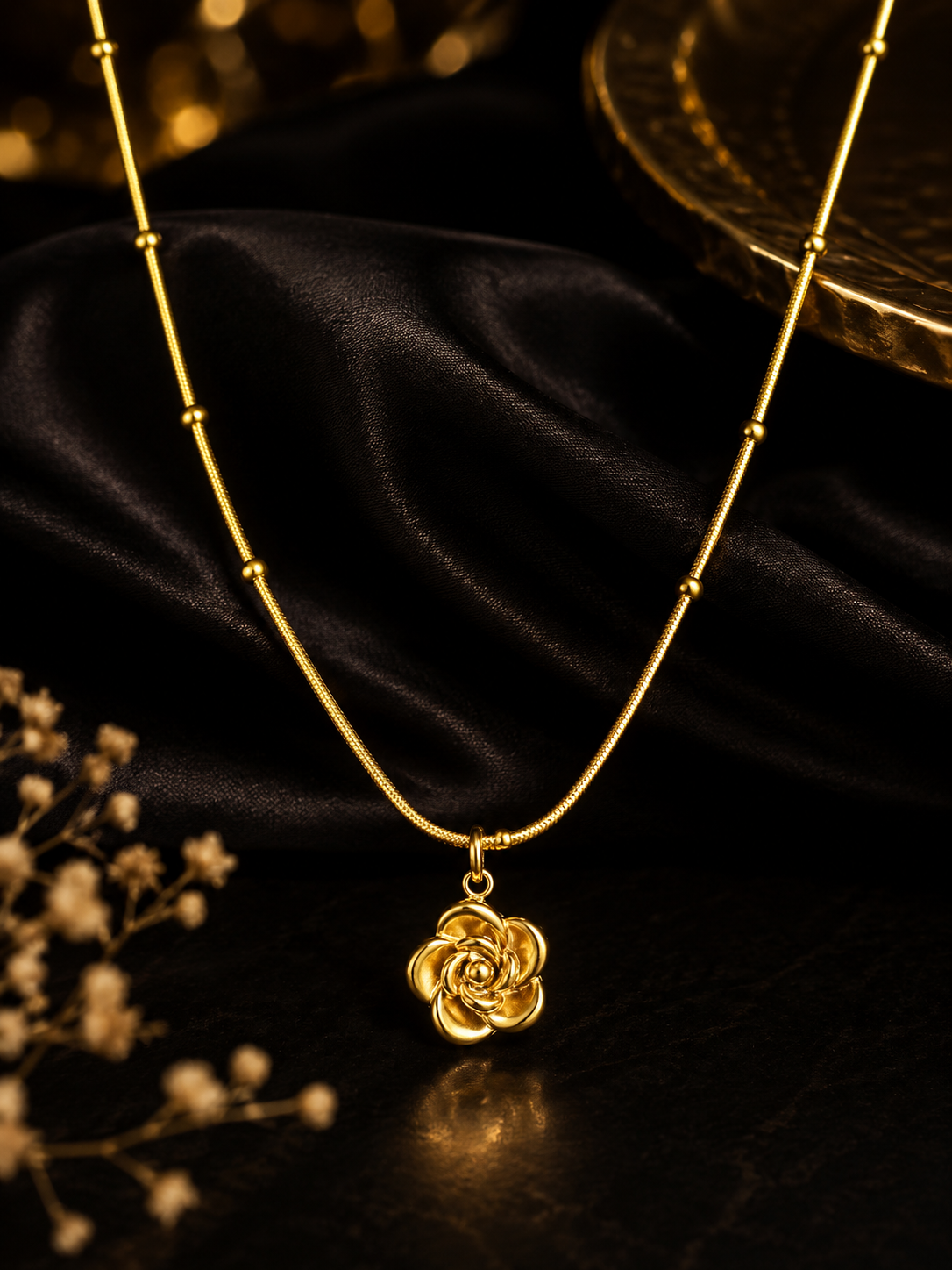 Stainless Steel Gold Rose Flower Pendant Necklace for Women  Elegant Beaded Chain Jewelry