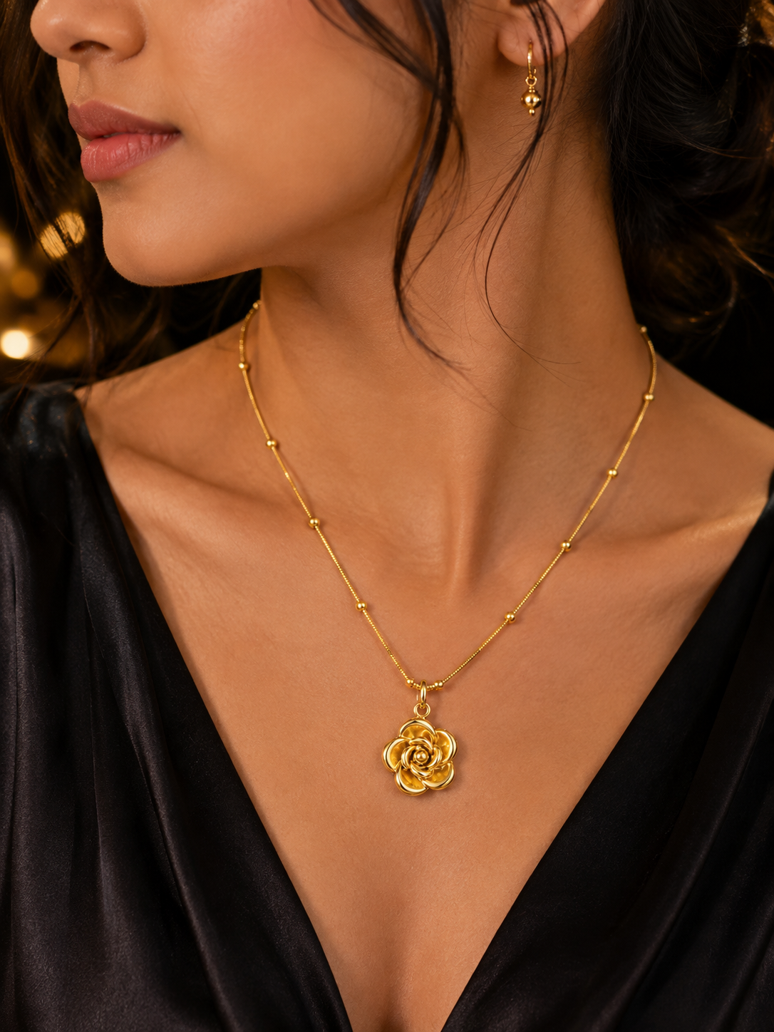 Stainless Steel Gold Rose Flower Pendant Necklace for Women  Elegant Beaded Chain Jewelry