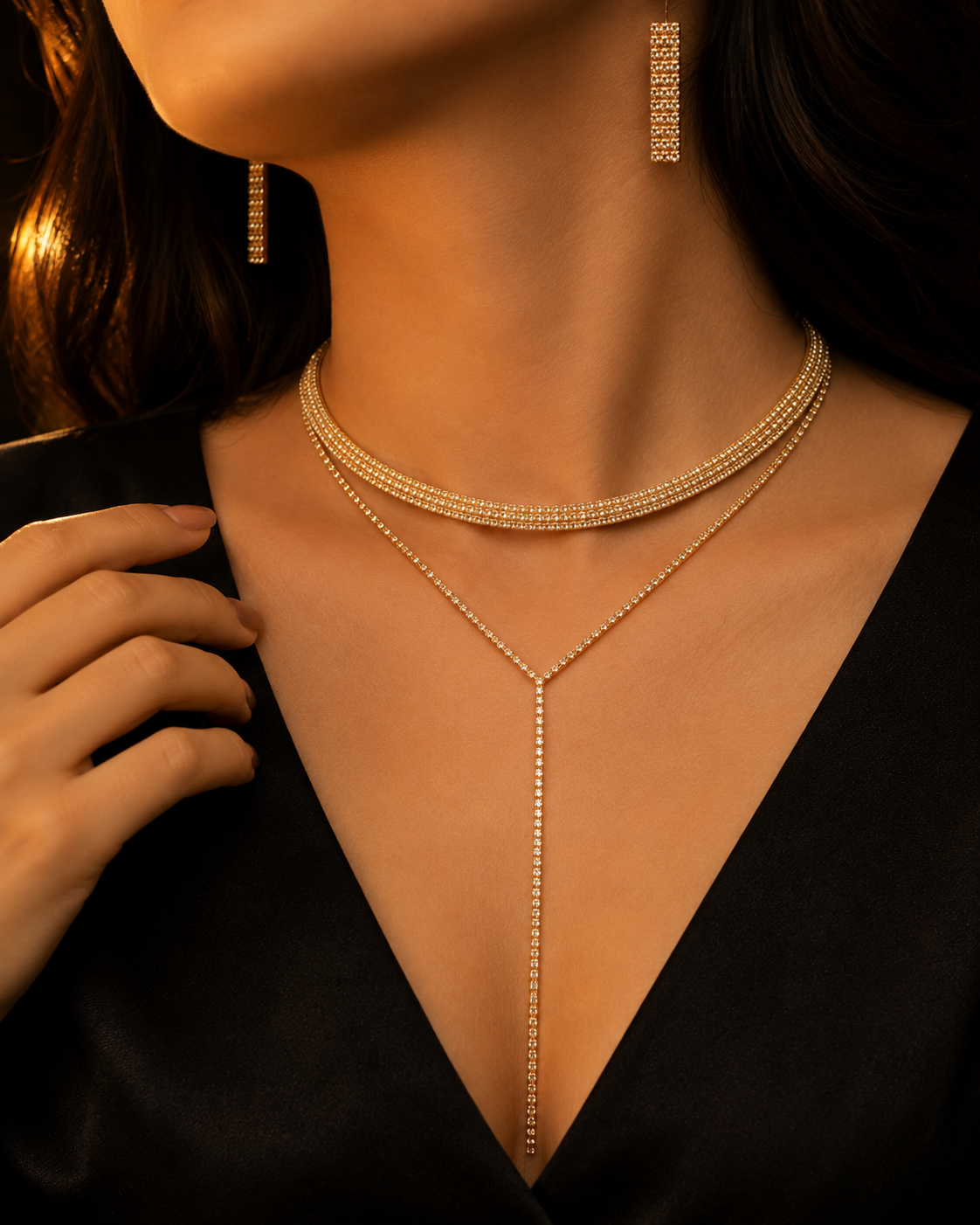 Rhinestone Layered Necklace & Earrings Set