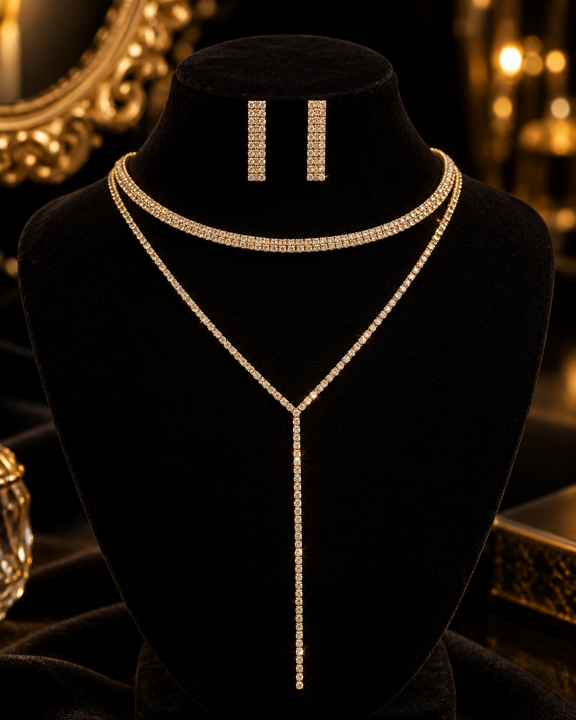 Rhinestone Layered Necklace & Earrings Set