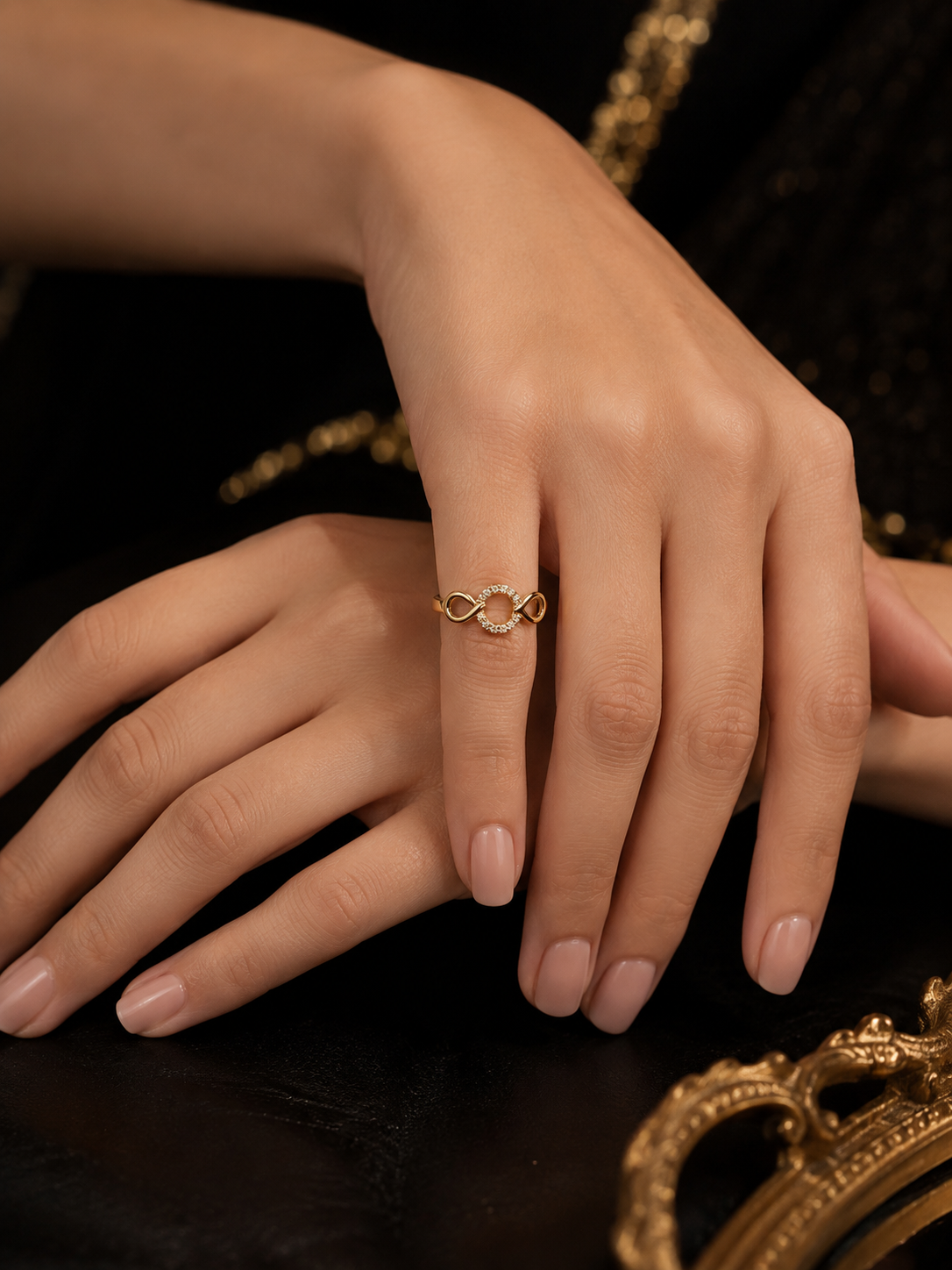 Golden Infinity Ring with Crystal Stone