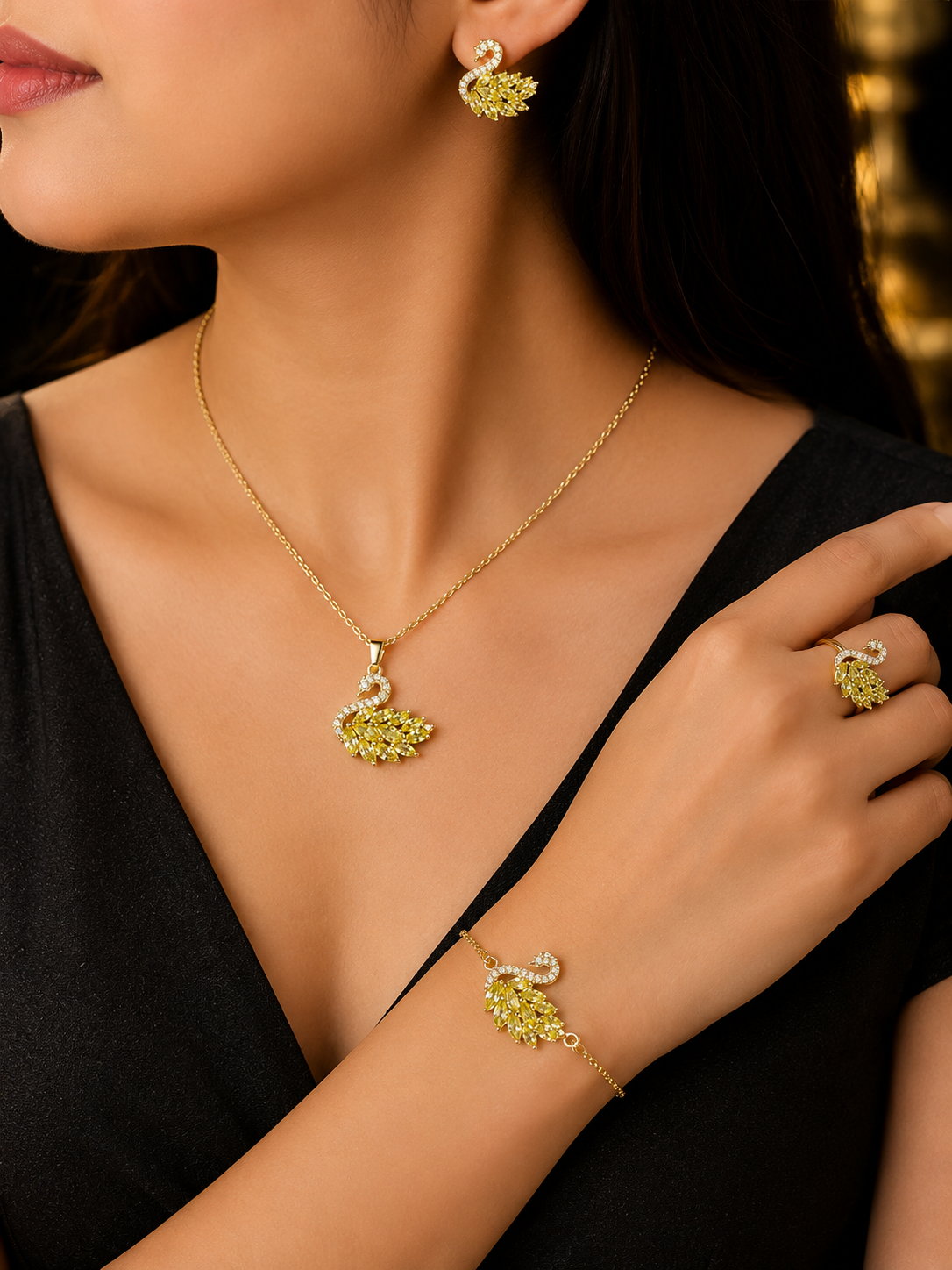 Stainless Steel Golden Swan Leaf Jewelry Set