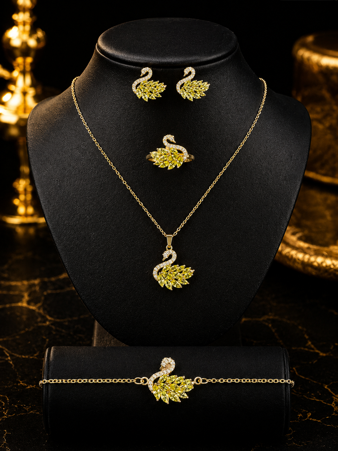 Stainless Steel Golden Swan Leaf Jewelry Set