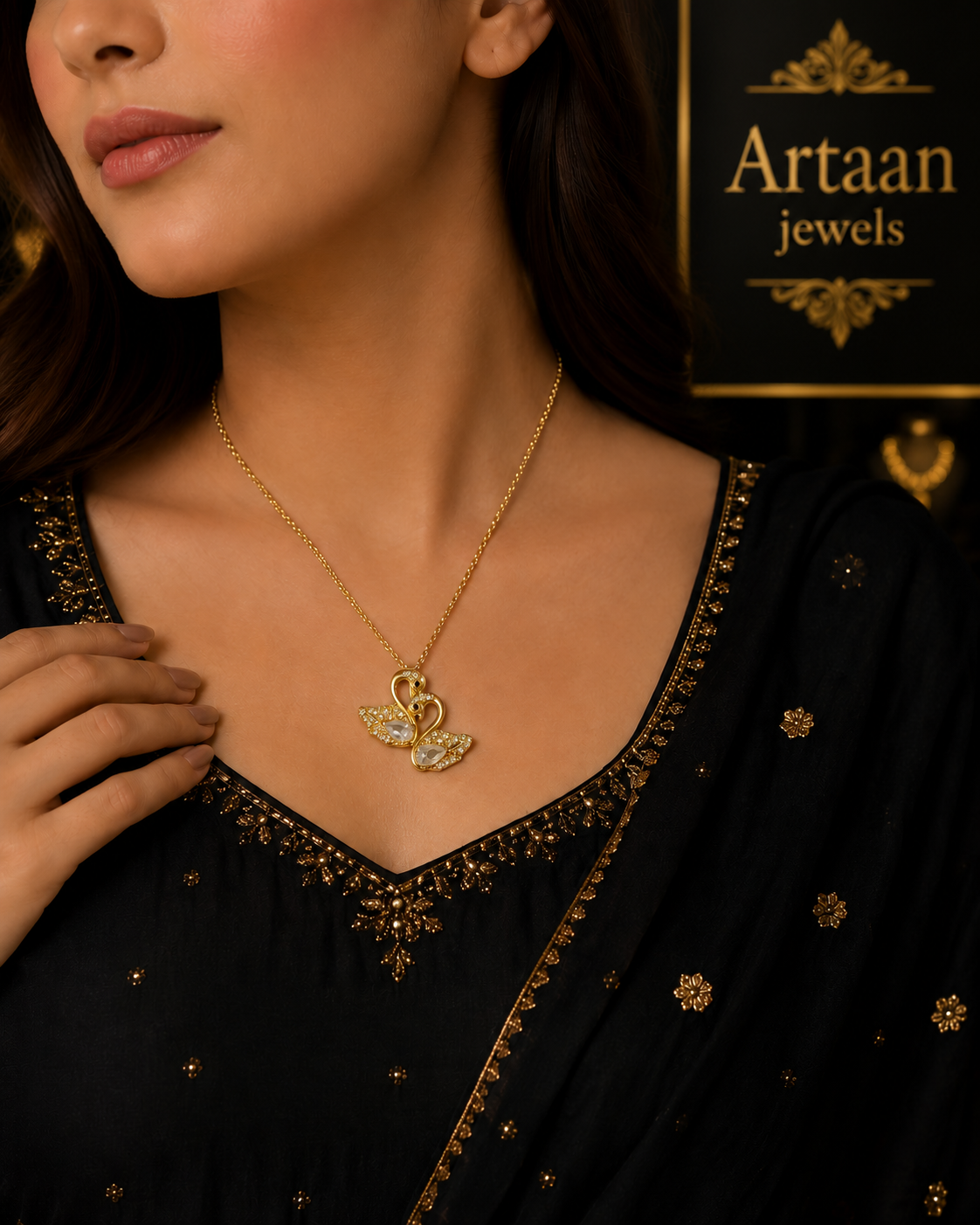 Stainless Steel Golden Swan Pendant Necklace for Women – Elegant Crystal Heart Design  Artaan Jewels