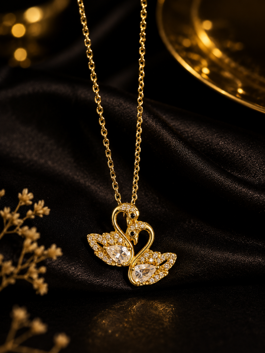 Stainless Steel Golden Swan Pendant Necklace for Women – Elegant Crystal Heart Design  Artaan Jewels