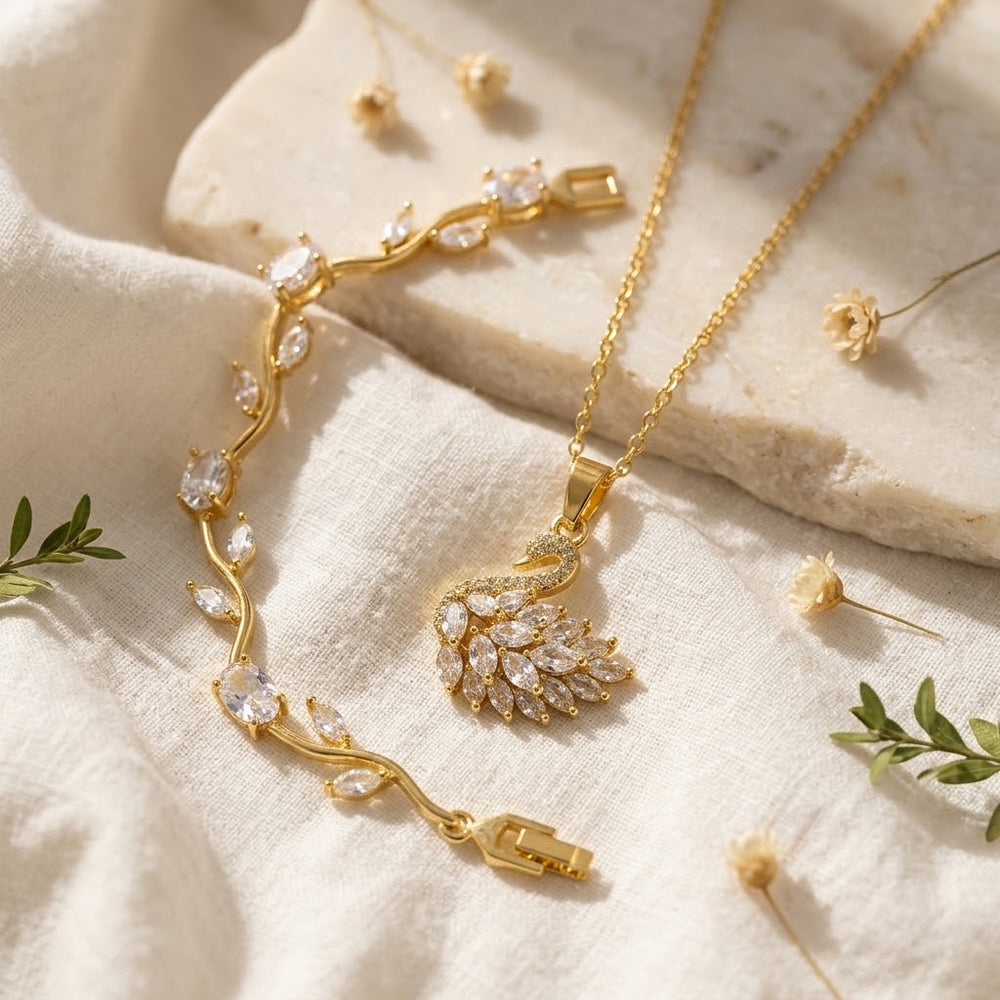Golden With Crystal Stone Swan & Tulip Combo