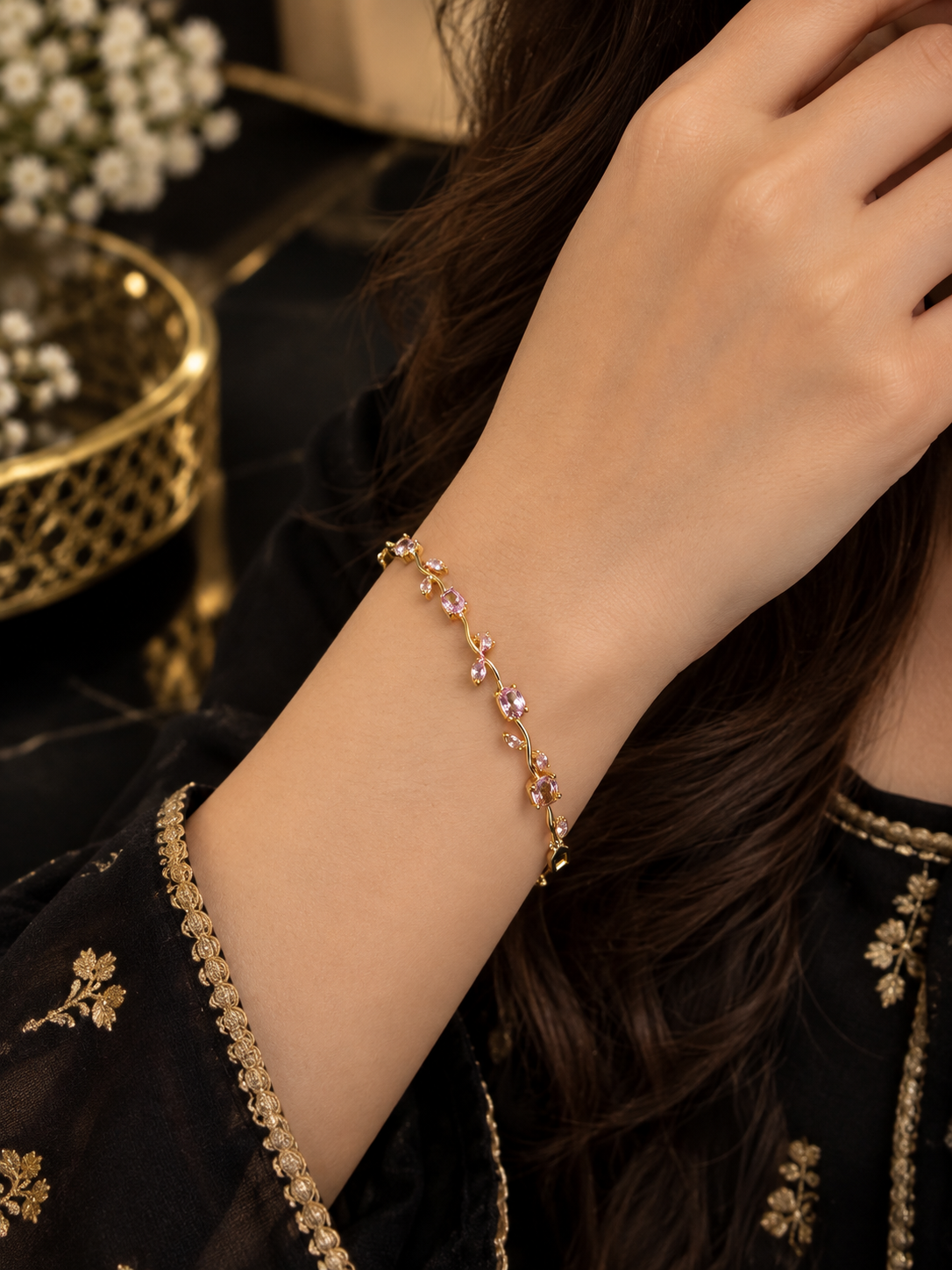 Golden with Pink Stone Elegant Tulip Bracelet