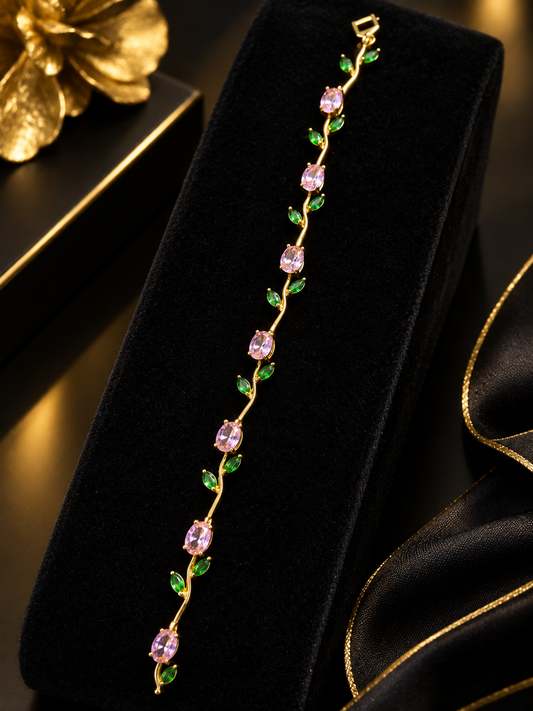 Golden with Pink and Green Leaf Tulip Bracelet