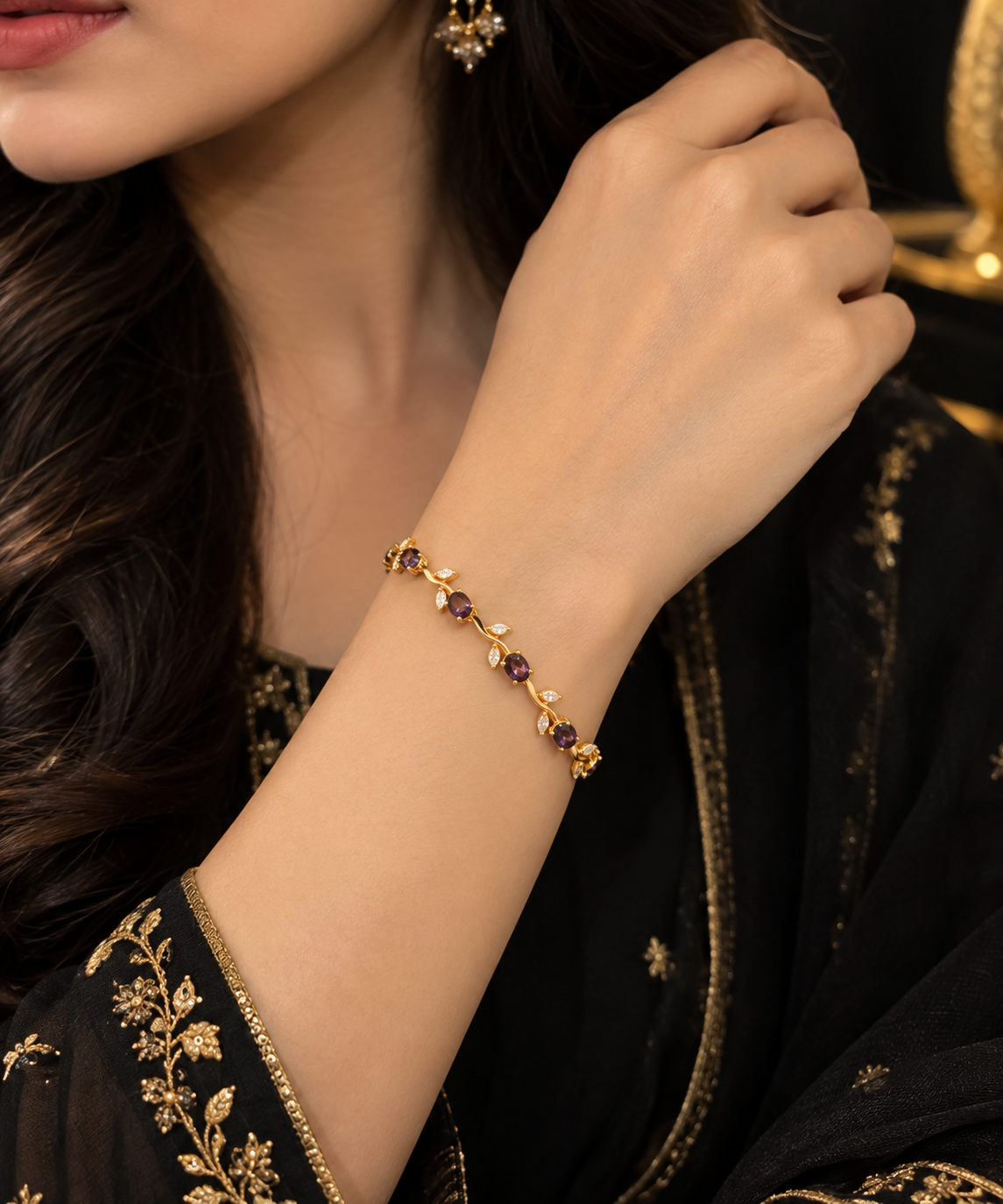 Golden with purple crystal stone tulip bracelet