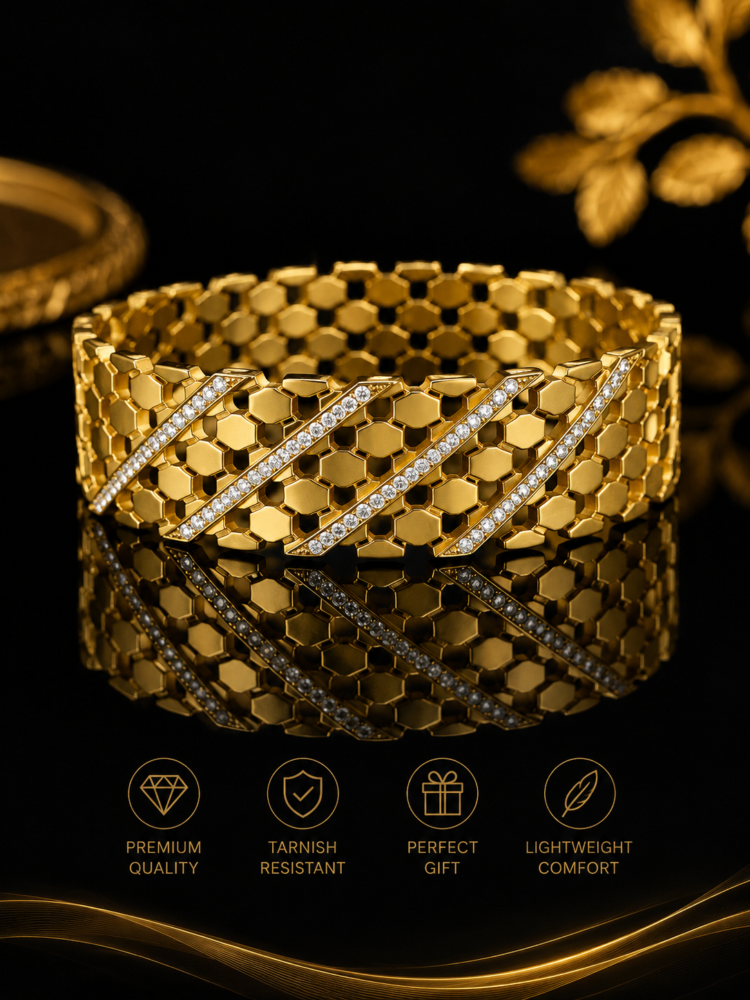 Stainless Steel Gold honeycomb cuff bangle