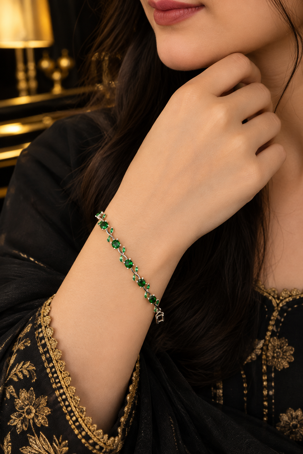 Silver & Green Stone Tulip  Bracelet