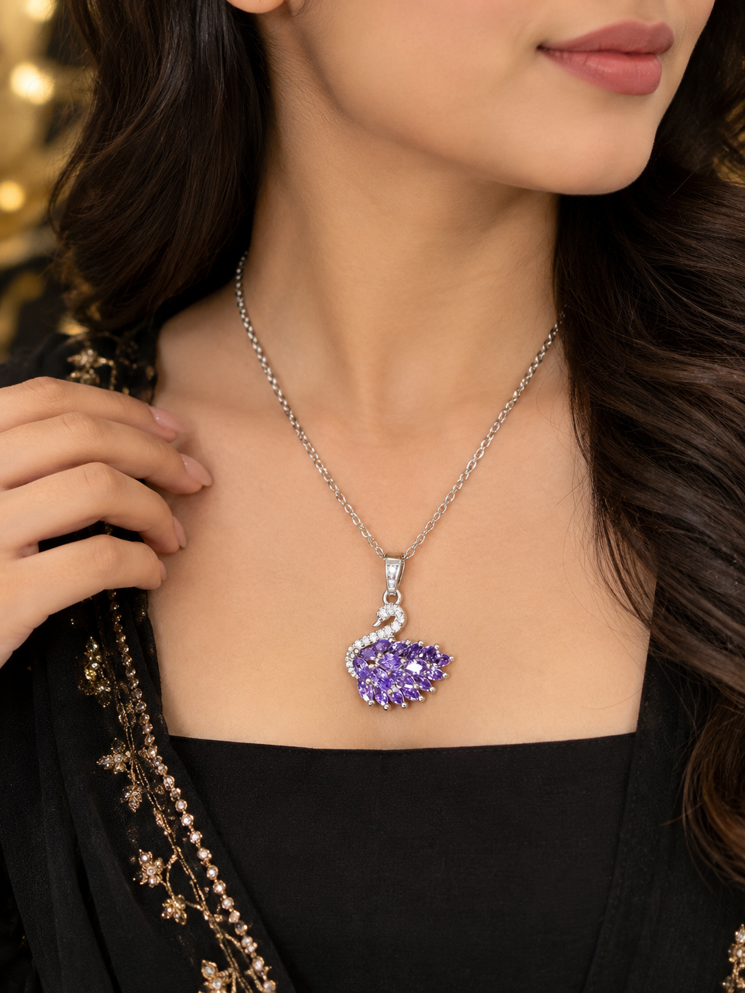 Purple Crystal Swan Pendant Necklace