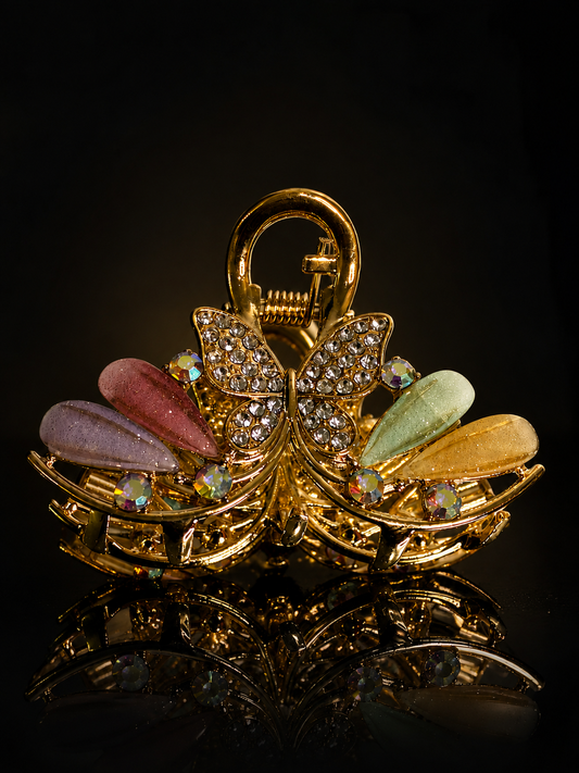 Luxury Butterfly Crystal Hair Clip – Gold Rhinestone Floral Hair Claw