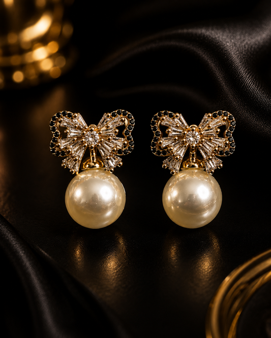 Luxury Gold Bow Pearl Drop Earrings