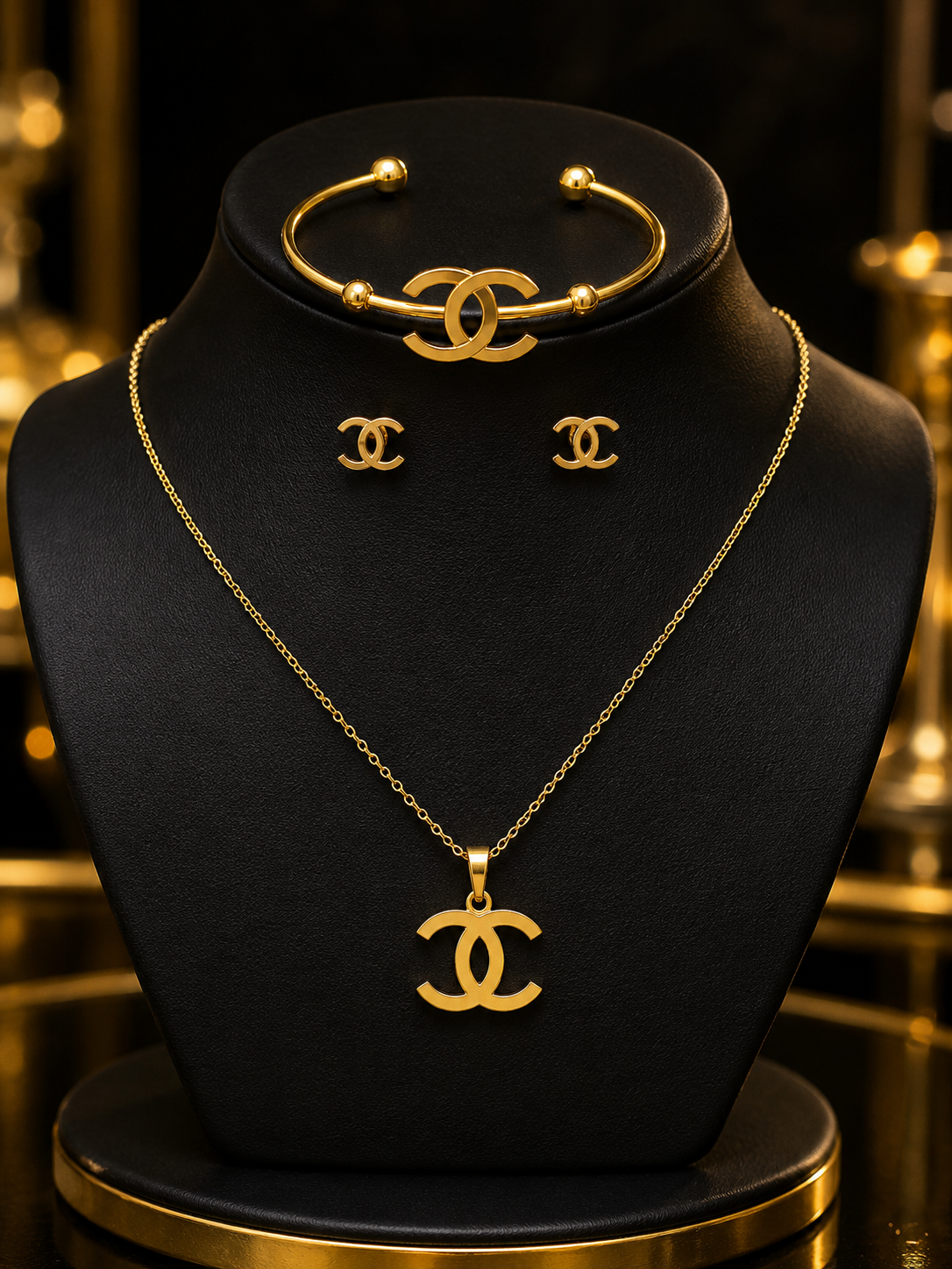 Luxury Gold Stainless Steel Necklace, Earrings & Bangle Set