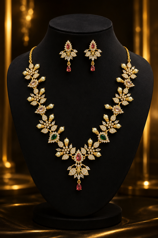 Luxury Gold Floral Necklace Set With Pearl Earrings
