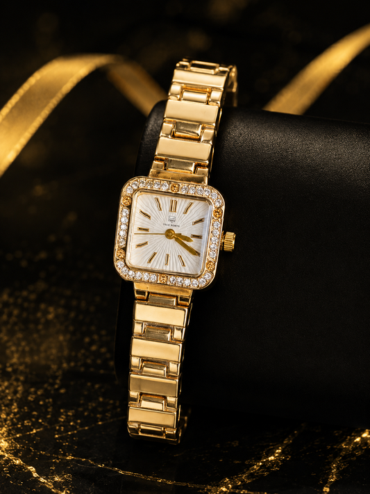 Luxury Gold Women’s Watch – Square Crystal Rhinestone Dial & Stainless Steel Bracelet