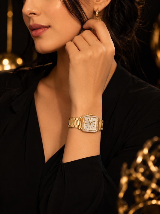 Luxury Gold Women’s Watch – Square Crystal Rhinestone Dial & Stainless Steel Bracelet
