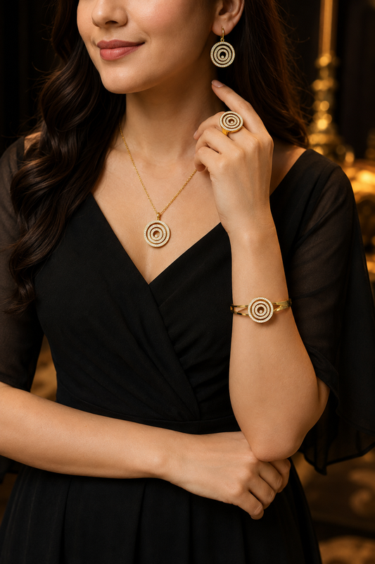 Luxury Stainless Steel Circular Crystal Jewelry Set