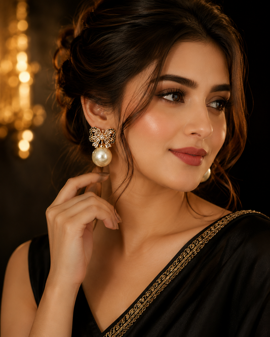 Luxury Gold Bow Pearl Drop Earrings
