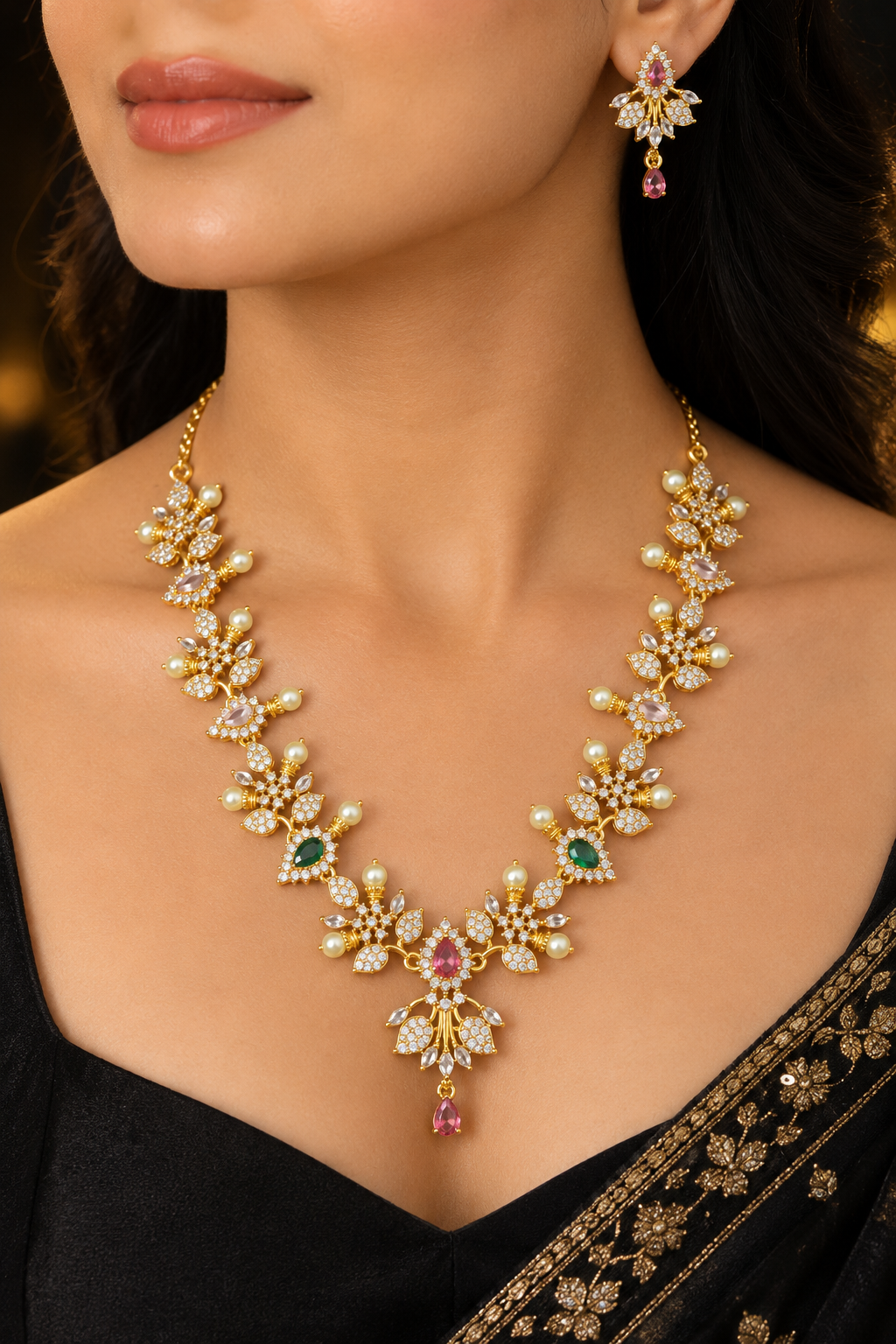 Luxury Gold Floral Necklace Set With Pearl Earrings