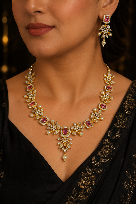 Pearl Floral Bridal Necklace Set With Earrings